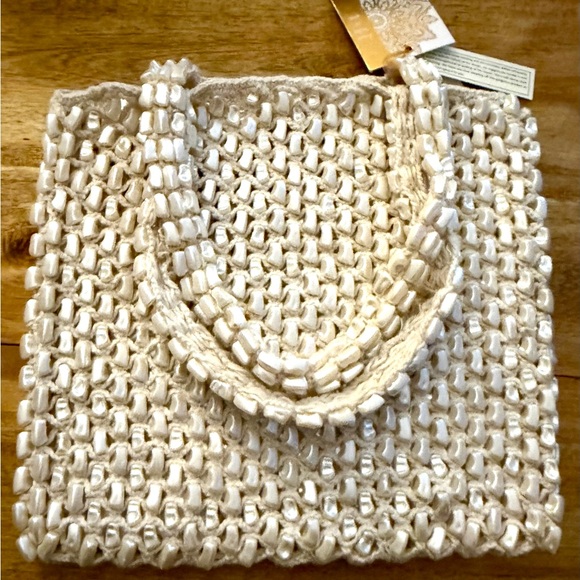 Made in India Handbags - Viral Cream Knit Crochet/ Pearl Beaded Tote Bag NWT